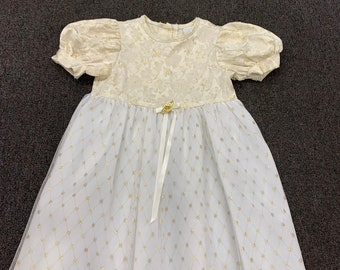 vintage 1980's Girls White With Gold Communion / Christmas Dress Lace Sheer Feminine