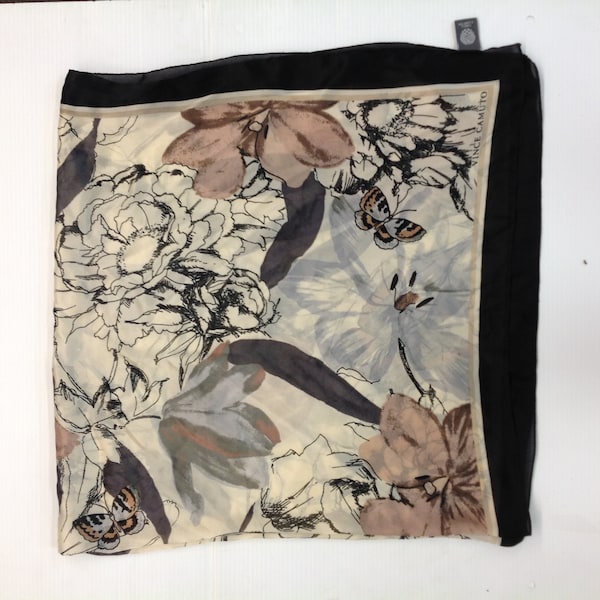 Vintage 1990's Vince Camuto Polyester Scarf Monochrome Butterfly Floral Motif