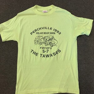 Vintage 1993 Perchville Polar Bear Swim Neon Yellow-Green Commemorative Men&#39;s Large Cotton Polyester T-Shirt