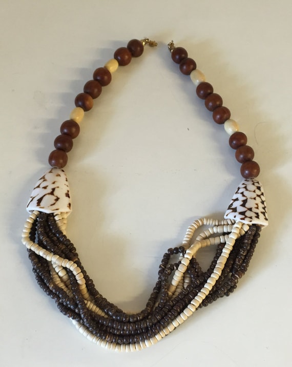 Vintage Vacationer Shell & Wood Beaded Statement … - image 1