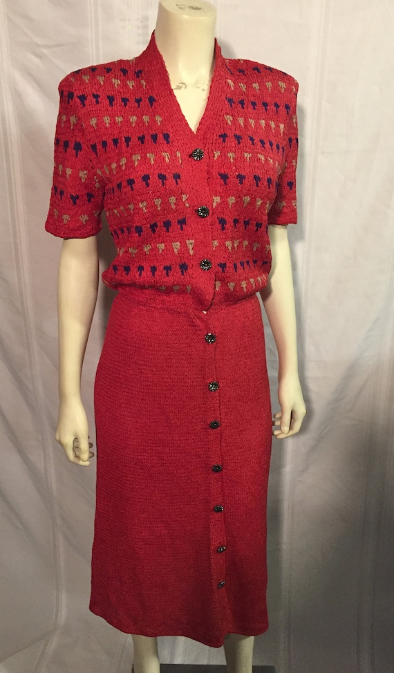 Vintage 1940's Red Button Down Crochet Ribbon Knit