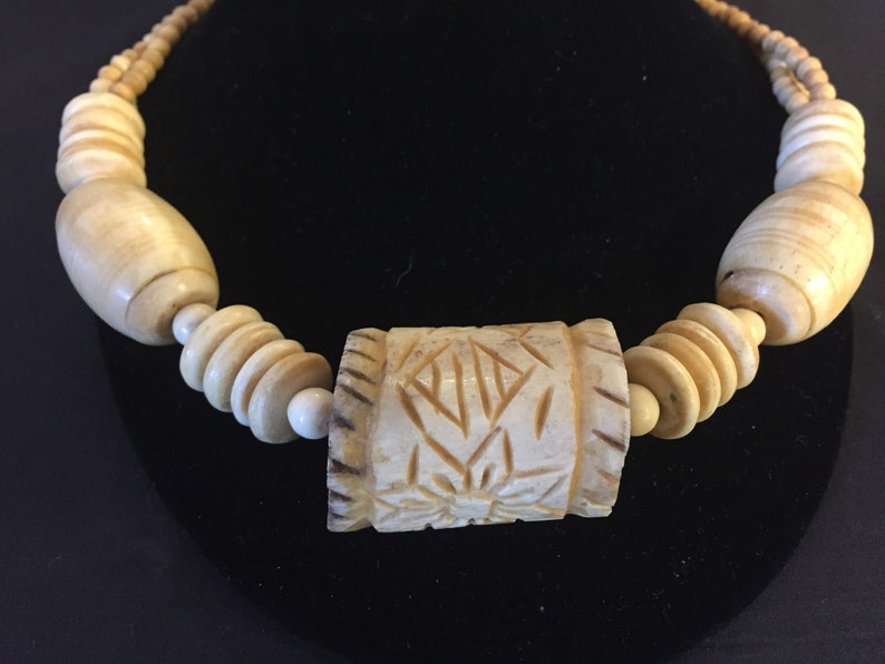 Vintage 1980's Carved Bone Pendant Statement Necklace Oddity image 1