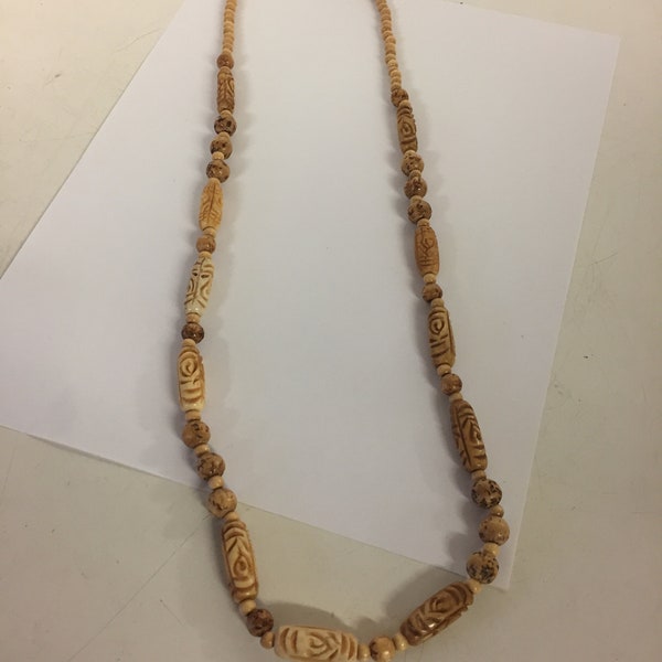 Vintage 1970's Beige Wooden Bead Etched Bone Column Necklace