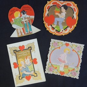 Vintage 1928 Valentines Day Cards Set 4 Love Girls & Boys Fun Retro
