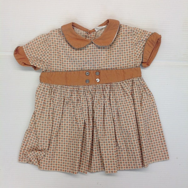 Vintage 1960's Young Land Brown Child Kid Girl's Print Baby Doll Dress Waist Buttons