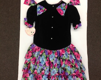 Vintage 1990's Martha's Miniatures Black Velvet Style Floral Shoulder Bows and Hem Child's Dress w/Tags