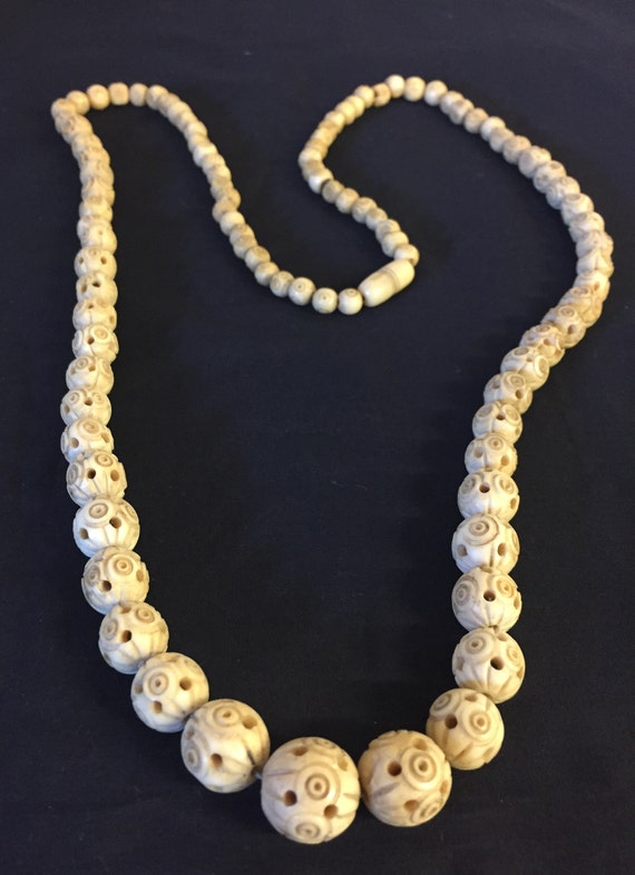 Vintage 1980's All Carved Bone Beaded Necklace Sta