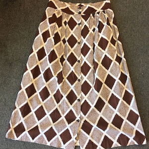 Vintage 1970's Brown Checkered Button Up Circle Skirt W/ Plastic Buttons