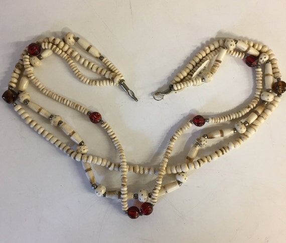 Vintage Three Strand Carved Bone & Glass Beaded S… - image 1