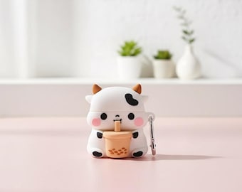 Boba Cow AirPods Case | Kawaii Silicone Earbud Protector with Carabiner
