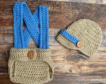 Newborn Baby Infant BLUE and TAN Crochet Newsboy Button Hat and Diaper Cover with Suspenders Set // Cute Photo Prop