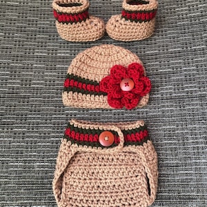 Crochet Infant Baby Girl RED Green TAN Flower Beanie Hat, Diaper Cover and Booties Set // Newborn // Super Cute Photo Prop