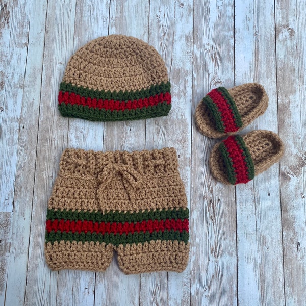 Infant Baby Crochet RED Green TAN Brown Beanie Hat, Drawstring Shorts and Sandal Slides Set // Newborn // Cute Photo Prop
