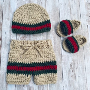 Infant Baby Crochet RED Green BEIGE Beanie Hat, Drawstring Shorts and Sandal Slides Set // Newborn // Cute Photo Prop