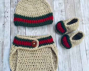Infant Baby Newborn Crochet Boy Girl BEIGE Red Green Beanie Hat, Diaper Cover and Bootie Shoes Set // Cute Photo Prop