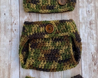 Newborn Crochet Boy Girl CAMO Beanie Hat, Diaper Cover and Booties Button Set // Cute Photo Prop