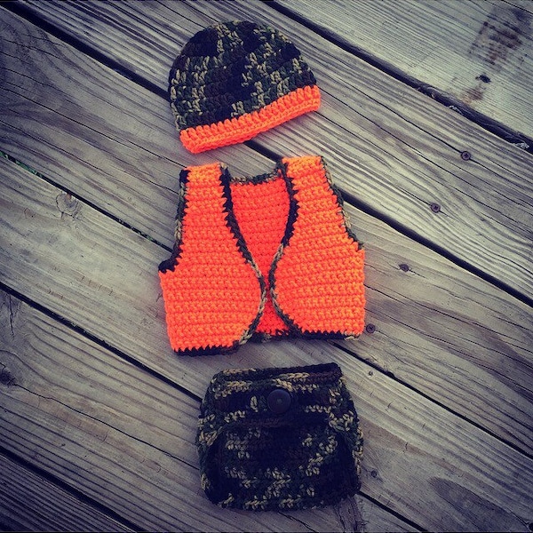 Infant Newborn Baby Little HUNTER'S Crochet CAMO Orange Beanie Hat, Vest and Diaper Cover Set // Cute Photo Prop