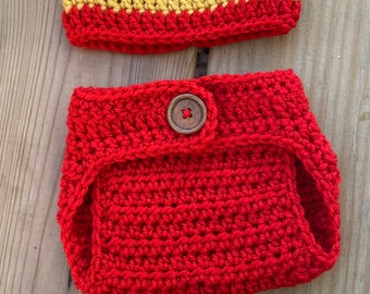Newborn Crochet Boy Girl WINNIE the POOH Bear Beanie Hat, Diaper Cover and  Booties Set // Cute Photo Prop