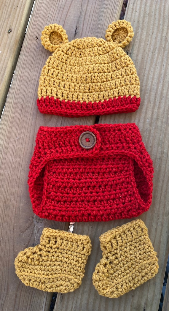 Newborn Crochet Boy Girl WINNIE the POOH Bear Beanie Hat, Diaper Cover and  Booties Set // Cute Photo Prop - Main Image