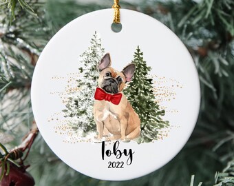 Personalized Dog Lovers Christmas Ornament, Custom Dog Name, French Bulldog Keepsake, Frenchie Gift, Black&White French Bulldog, Watercolor