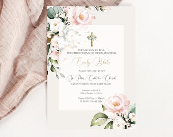 Floral Christening Invitation, Baptism Invitation Template, Girls Christening Invite,  Blush and White Flowers Invitation, Elegant Invite