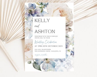 Custom Wedding Invitation, Dusty Blue Wedding Invitation Template, Something Blue Wedding Card, Printable Floral Wedding Invitation WD012