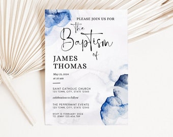 Modern Baptism Invitation, Boy Baptism Invitation Download, Blue Baptism Invite, Personalized Baptism Gift, Blue Watercolor Gifts For Boys