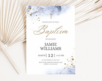 Blue & Gold Baptism Invitation Template, Printable Light Baby Blue Watercolor Christening Invite, Editable Boy Baptism, Instant Download