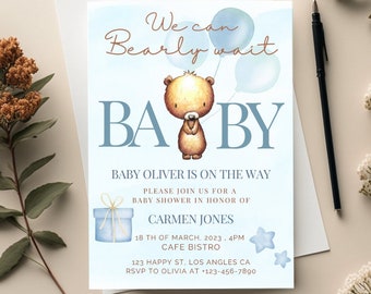 Blue Balloons Bear Baby Shower Invitation Card, Teddy Bear Baby Shower, Baby Boy Shower Invite, Boho Baby Shower Invite, We can Bearly Wait