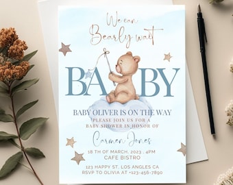 Custom Bear Baby Shower Invitation Card, Teddy Bear Baby Shower, Baby Boy Shower Invite, Blue Stars Baby Shower Invite, We can Bearly Wait