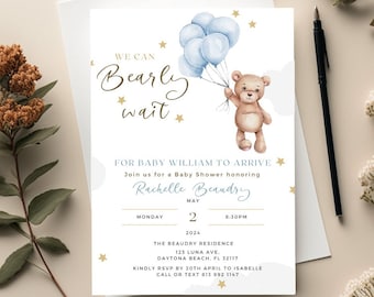 Custom Baby Shower Invitation Card, Teddy Bear Hot Air Balloon, Bear Theme Baby Shower Invitation, We Can Bearly Wait Invites Greeting Card