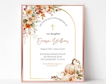 Pumpkin Fall Florals Baptism Invitation, Burnt Orange Arch, Christening Invite Printable, 1st communion evite, Instant Download BP013