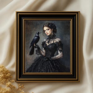 Stampa artistica di donna e corvo in stile gotico vittoriano: decorazione di Halloween in stile Dark Academia (download digitale)