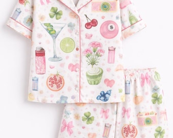 Coquette Pajama Set Women, Cute Pastel Bow Sleepwear, Soft Girl Aesthetic PJs, Girly Print Lounge Set, Short Sleeve Pajamas, Gift for Her