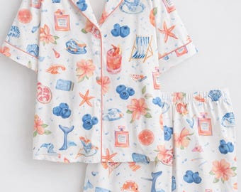 Set pigiama costiero, pigiama con stampa da spiaggia, pigiama estivo estetico, set relax tropicale, grazioso completo per le vacanze, regalo per lei