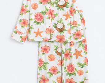 Floral Tropical Pajama Set, Coconut Citrus Pajamas, Summer Aesthetic Sleepwear, Beachy Lounge Set, Cute Long Sleeve PJs, Gift for Her