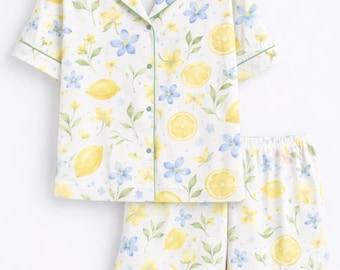 Lemon Pajama Set Women, Floral Summer Sleepwear, Cute Citrus Print PJs, Fresh Aesthetic Lounge Set, Short Sleeve Pajamas, Gift for Her