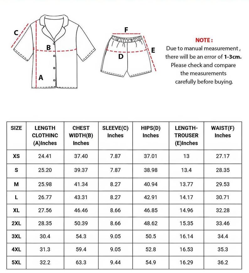 Puede incluir: Conjunto de pijama blanco con camisa abotonada y pantalones cortos. La imagen incluye una tabla de tallas con medidas en pulgadas para la longitud de la ropa, el ancho del pecho, la longitud de la manga, las caderas, la longitud del pantal&oacute;n y la cintura.