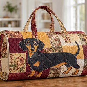 May include: Quilted duffel bag with a dachshund dog design. The bag features a patchwork pattern in burgundy, yellow, and floral prints. It has two handles and a zipper closure. The dog is black and tan.