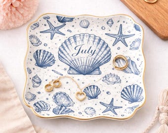 Bandeja para joyas costera personalizada, bandeja para anillos con nombre personalizado, bandeja para baratijas de conchas marinas, regalo de decoración playera, soporte para joyas del mes de nacimiento