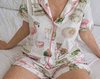 Set pigiama fenicottero, pigiama tropicale rosa, pigiama con stampa vacanze, set da casa femminile, pigiama estivo carino, regalo per lei