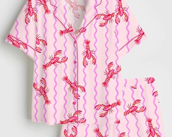Lobster Pajama Set, Coastal Preppy PJs, Pink Nautical Sleepwear, Beach Vacation Lounge Set, Lobster Print Gift for Her