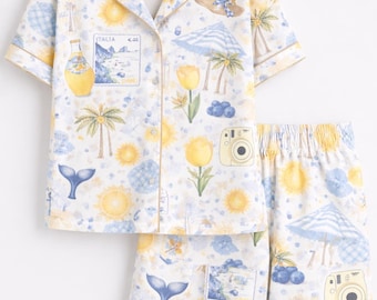 Set pigiama estivo italiano, pigiama della Costiera Amalfitana, abbigliamento da notte con stampa da viaggio, abbigliamento da casa estivo europeo, grazioso set per le vacanze, regalo per lei