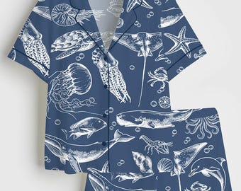 Ocean Life Pajama Set, Coastal Grandma PJs, Marine Life Sleepwear, Beach Vacation Lounge Set, Nautical Pajamas Gift for Her