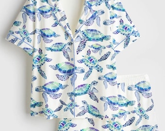 Set pigiama da donna con tartarughe marine, pigiama costiero, abbigliamento da notte per vacanze al mare, regalo per amanti dell'oceano, set per il relax estivo, regalo per lei