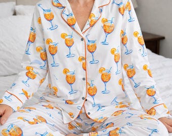 Set pigiama cocktail, pigiama Aperol Spritz, pigiama con stampa di drink, divertente set da relax estivo, pigiama carino per feste, regalo per lei