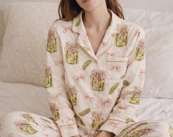 Conjunto de pijama de mujer con estampado de tarro de pepinillos, manga larga, botones, de algodón suave y cómodo.