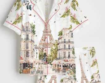 Set pigiama Parigi per damigella d'onore, addio al nubilato, festa di nozze, pigiama con Torre Eiffel, set regalo di nozze, regalo per lei