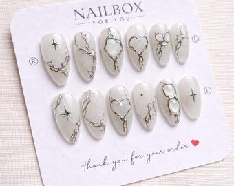 Gothic Press On Nails, Cyber Y2K Nails, Silver Chrome Nails, Dark Aesthetic Nails, Grunge Nails, Cool Girl Nails