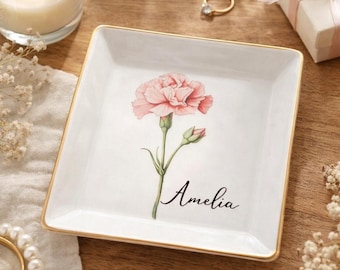 Portagioie personalizzato con nome, portaanelli floreale personalizzato, vassoio portagioie con fiore di nascita, regalo per damigella d'onore, portagioie minimalista